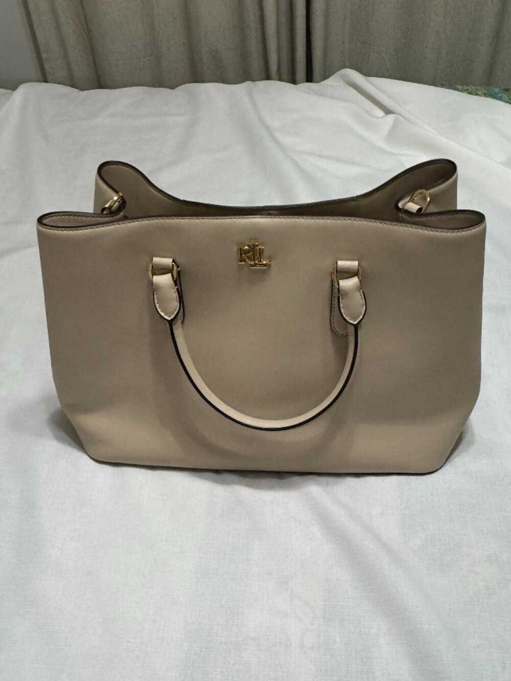 Ralph Lauren Full-Grain Smooth Leather Large Marcy 36 Satchel Bag Sand